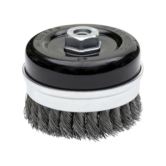 A DEWALT DT3501 round wire cup brush attachment with twisted steel bristles and a black and silver metal casing, designed for power tools.