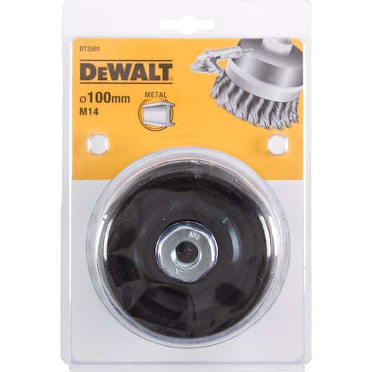 Packaged DEWALT metal wire brush accessory, model DT3501, 100mm diameter, M14 fitting, designed for use with power tools.