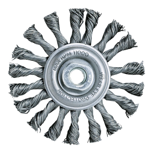 A close-up image of a DEWALT twisted wire wheel brush featuring tightly wound metal bristles arranged in a circular pattern, typically used for cleaning, deburring, and surface preparation.