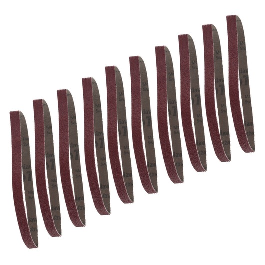 A set of ten brown abrasive sanding strips arranged in a diagonal row on a white background.