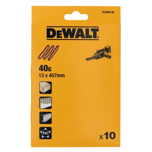 DEWALT DT3604 packaging for 40 grit sanding belts, size 13 x 457 mm, includes 10 belts, suitable for wood and PVC materials.