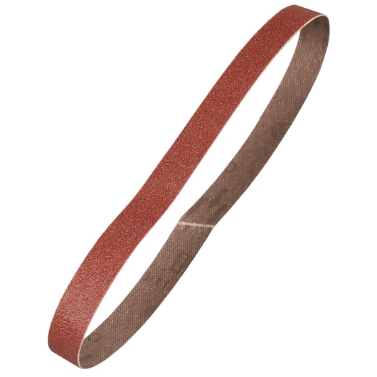 A single brown abrasive sanding belt, photographed on a white background.