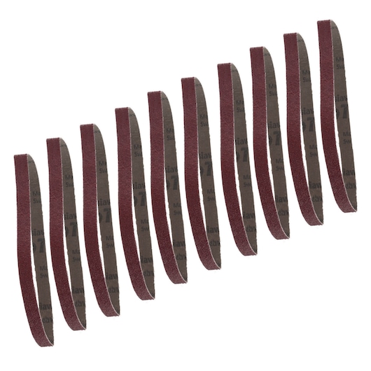 A set of eleven DEWALT abrasive sanding strips with brown surfaces, arranged in a diagonal line. The strips are used for sanding and finishing tasks.