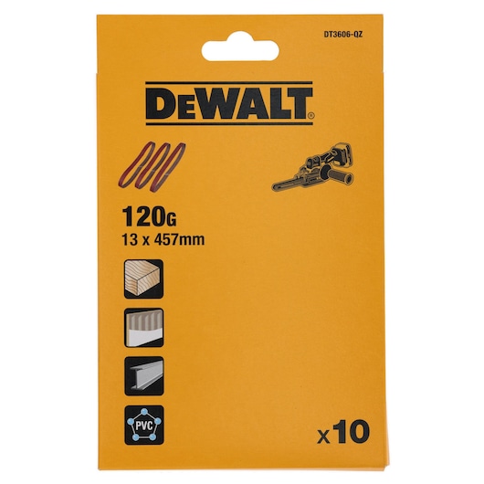 Front view of a DEWALT DT3606 pack containing 10 sanding belts with 120 grit, measuring 13 x 457 mm. The packaging is yellow and includes icons showing suitable materials: wood, laminate, metal, and PVC. There is also an illustration of a sanding tool.