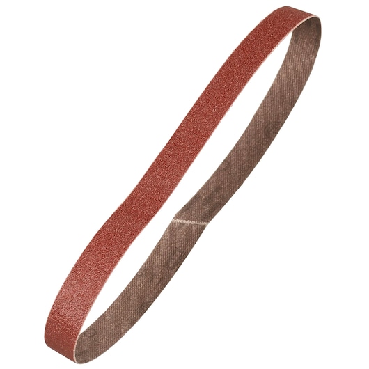 A single abrasive sanding belt with a reddish-brown grit surface, looped in an oval shape, used for power sanders.