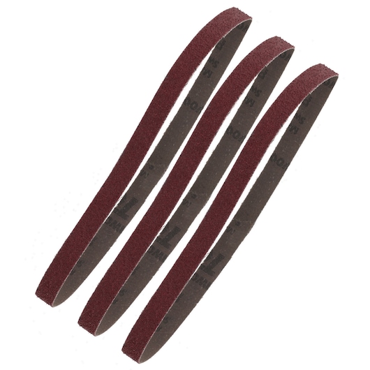 Four brown abrasive sanding belts arranged in a row, shown against a white background.