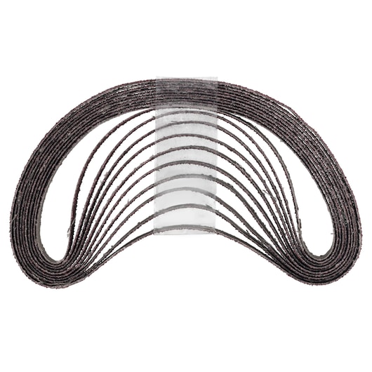 A pack of DEWALT abrasive sanding belts arranged in a curved shape and held together with clear plastic tape, suitable for power tools.