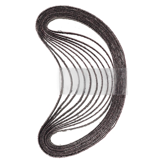 A set of curved abrasive sanding belts stacked together, forming a crescent shape. The belts are dark brown in color and held together by a transparent wrap in the middle.