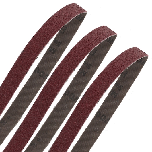 Four brown abrasive sanding belts are shown, arranged in parallel. They are intended for use with power tools for sanding and finishing surfaces.