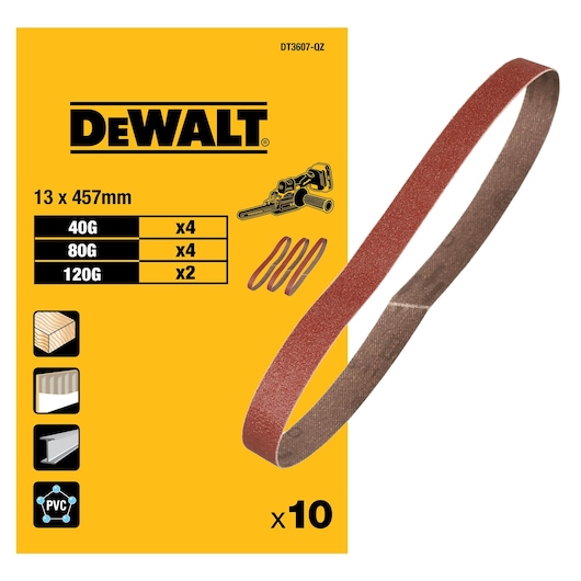 DEWALT sanding belt set DT3607, showing a yellow package with the DEWALT logo, product image, and icons indicating use on wood, laminate, metal, and PVC. The set includes 10 sanding belts of 13 x 457mm in three grit sizes: 4 of 40G, 4 of 80G, and 2 of 120G.