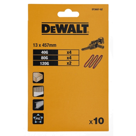 Front packaging of DEWALT DT3607 sanding belts, showing a yellow background with DEWALT branding. The pack contains 10 belts (13 x 457mm), with 4 of 40G, 4 of 80G, and 2 of 120G grit. Icons indicate use for wood, laminate, metal, and PVC.