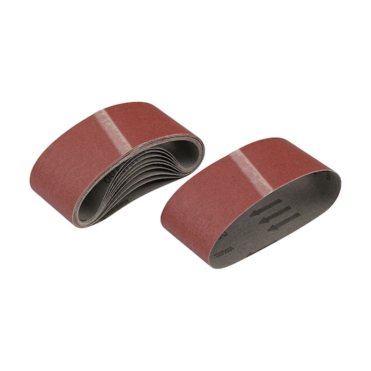 Two DEWALT sanding belts with red abrasive surfaces for use with belt sanders.