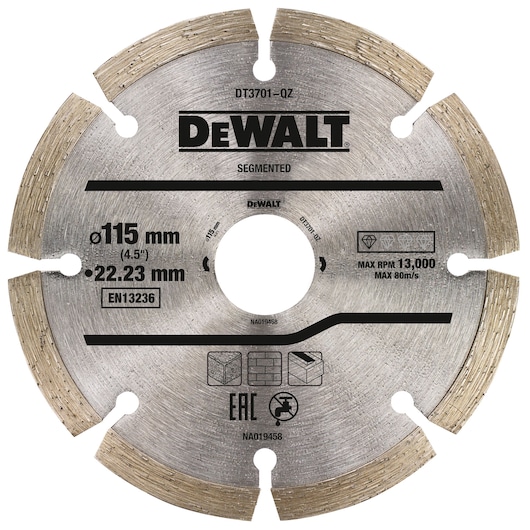 A DEWALT segmented diamond cutting disc, model DT3701, for masonry and construction materials. The blade diameter is 115 mm (4.5 inches) with a 22.23 mm arbor. The disc has a maximum speed of 13,000 RPM and features engraved technical details and safety icons.