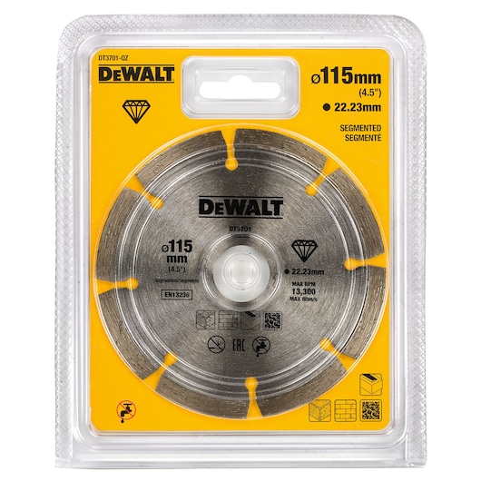 Packaged DEWALT segmented diamond saw blade, model DT3701, with 115 mm diameter and 22.23 mm bore, suitable for cutting materials like bricks and concrete.