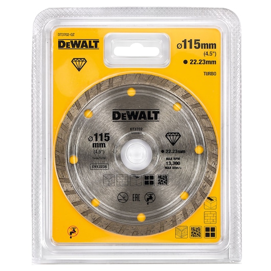 A DEWALT DT3702 diamond cutting disc, 115mm diameter with a 22.23mm arbor, packaged in a clear plastic case with yellow backing. Suitable for cutting tiles, stone, and masonry materials. The product is labeled with technical specifications and safety icons.