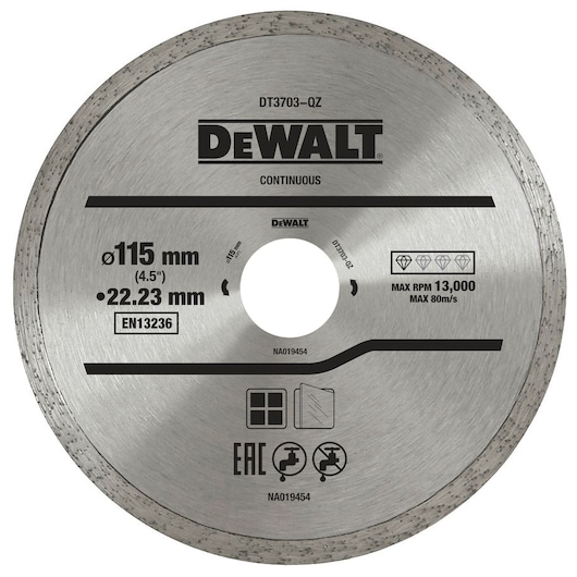 A DEWALT branded continuous diamond cutting disc, model DT3703, with a diameter of 115 mm and bore size of 22.23 mm. The disc is silver with black printed text and icons indicating compliance with EN13236, maximum speed of 13,000 RPM, and suitability for cutting tiles and glass.