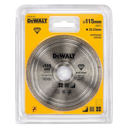 Packaged DEWALT DT3703 diamond cutting disc, 115mm diameter, continuous rim, designed for cutting tile and stone, displayed in clear plastic packaging with yellow label.