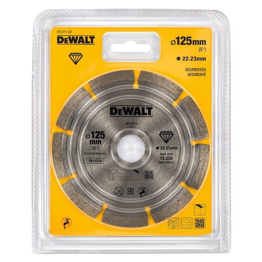 Packaged DEWALT segmented diamond saw blade, model DT3711, 125 mm diameter, for cutting masonry and building materials. The blade is shown in a clear plastic packaging with yellow and black details and product specifications printed on the front.