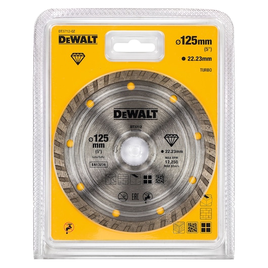 Packaged DEWALT DT3712 125mm diamond turbo cutting disc, displayed in clear plastic packaging with a yellow background. The disc is designed for cutting materials such as tiles and masonry. Product specifications and icons are printed on the packaging.