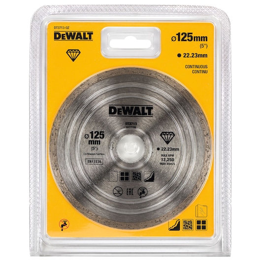 DEWALT DT3713 diamond cutting disc in retail packaging, designed for continuous cutting. The disc has a diameter of 125 mm and a bore size of 22.23 mm, suitable for various materials. The packaging is mainly yellow with the DEWALT logo and product information prominently displayed.