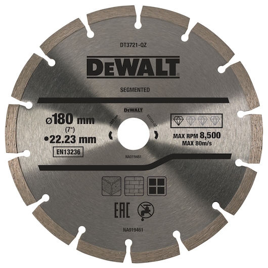 DEWALT segmented diamond saw blade DT3721, diameter 180 mm, with specifications printed on the surface for cutting building materials, showing maximum RPM 8,500 and max speed 80 m/s.