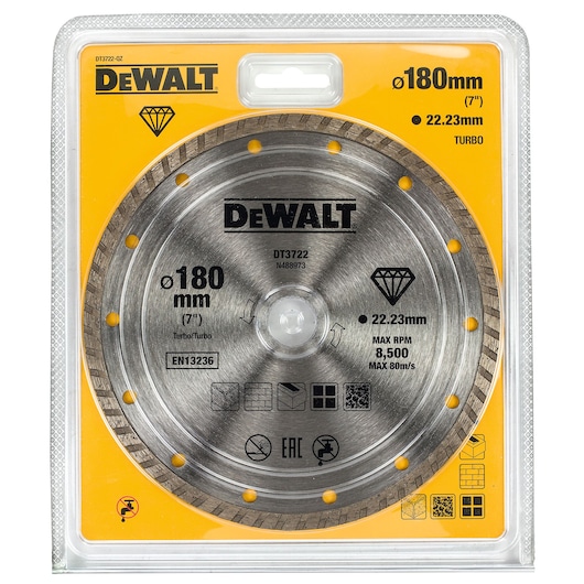 DEWALT DT3722 diamond-tipped circular saw blade in yellow retail packaging, with specifications including diameter 180 mm and 22.23 mm arbor size visible on the front.