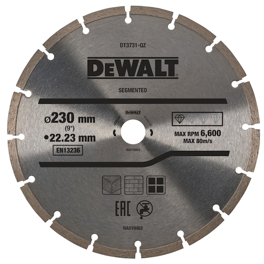 A DEWALT segmented diamond saw blade, model DT3731, with a diameter of 230 mm and a 22.23 mm arbor. The blade is silver with a segmented rim and is labeled for a maximum speed of 6,600 RPM and 80 m/s. Icons indicate usage for cutting concrete, stone, and building materials.