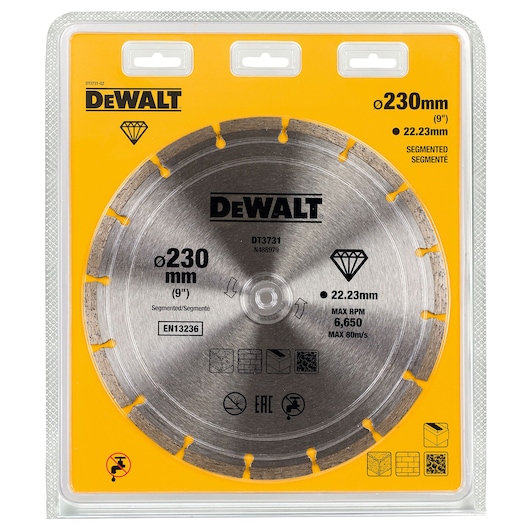 DEWALT DT3731 segmented diamond blade for cutting materials such as brick and stone, 230mm diameter, packaged in a yellow and transparent blister pack. Product details and specifications are visible on the packaging.