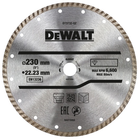 A close-up image of a DEWALT circular saw blade model DT3732. The blade is silver with the DEWALT logo in the center. Specifications printed on the blade include a diameter of 230 mm (9 inches), a bore size of 22.23 mm, maximum RPM of 6,600, and maximum speed of 80 m/s. The blade also features several icons, certification markings, and a serrated edge for cutting.