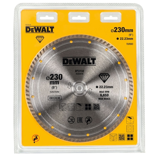 DEWALT DT3732 diamond turbo circular saw blade, 230 mm diameter and 22.23 mm bore, packaged in a clear plastic clam shell with yellow and black branding. Blade is designed for cutting stone, brick, concrete, and masonry materials.