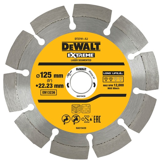 A DEWALT DT3741 Extreme laser segmented circular saw blade with a yellow and black label. Blade specifications include a diameter of 125 mm, a bore of 22.23 mm, and a maximum speed of 12,000 RPM, suitable for cutting stone, concrete, and brick.