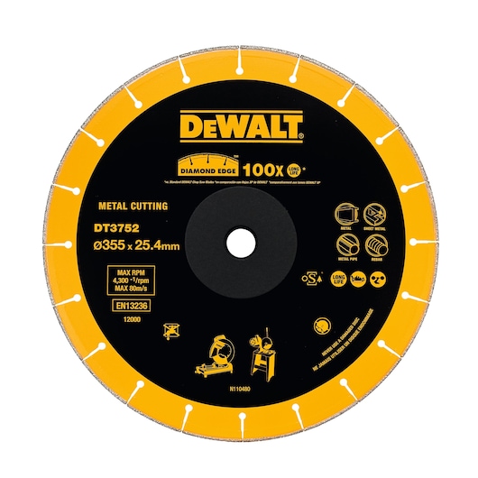 DEWALT DT3752 metal cutting diamond edge blade with a diameter of 355 mm and a bore of 25.4 mm. The blade is designed for long life and can cut metal, sheet metal, metal pipe, and rebar. Maximum RPM is 4,300 and maximum speed is 80 m/s. The blade is black and yellow with safety and usage icons printed on the face.