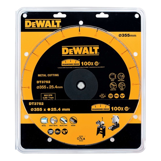 DEWALT DT3752 diamond edge cutting disc for metal, 355mm diameter, 25.4mm bore. The packaging is black and yellow, showing product details, icons for metal, sheet metal, metal pipe, and rebar cutting, and illustrations of compatible machines.