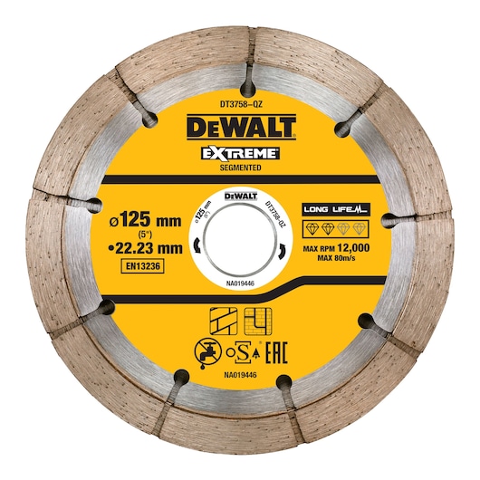 A segmented circular saw blade by DEWALT, model DT3758, labeled 'EXTREME'. The blade is yellow with silver cutting edges and black segment lines. It is 125 mm in diameter with a 22.23 mm arbor hole, suitable for max 12,000 RPM. Various safety and quality markings are present, as well as icons indicating long life and material compatibility.