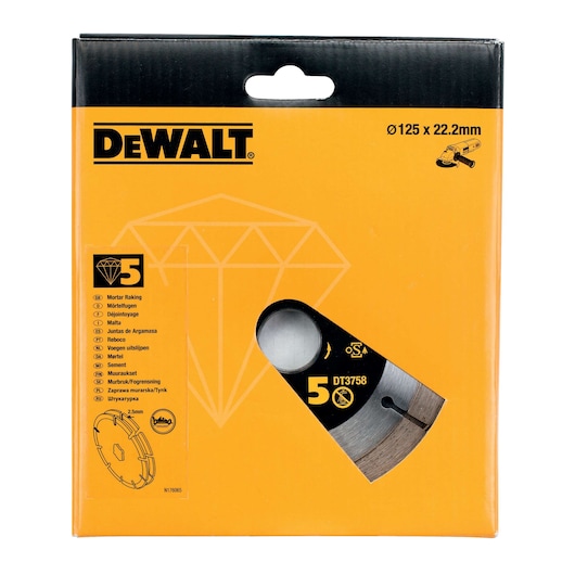 Packaging for DEWALT DT3758 diamond blade, 125mm diameter and 22.2mm bore, used for mortar raking. The box is yellow and black with DEWALT branding, a diamond graphic, and a cut-out showing part of the blade.