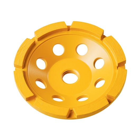 A yellow segmented diamond cup grinding wheel with six large cut-out segments and several circular holes around the center, used for surface grinding concrete or masonry.