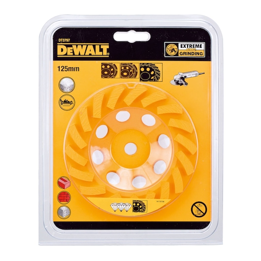 DEWALT DT3797 125mm extreme grinding wheel in its packaging. The wheel is yellow with multiple holes and angled segments, designed for heavy-duty grinding. The packaging features product icons and details, including compatibility with grinders and use on materials like brick and concrete.