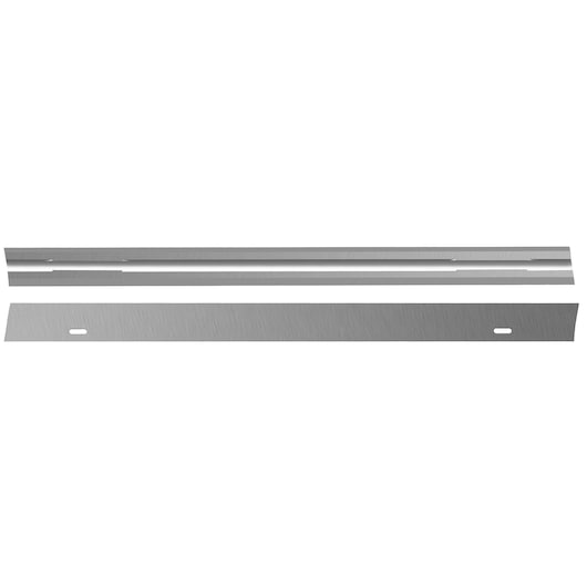 Two straight, metallic planer blades shown on a white background. One blade has rectangular cutouts for mounting, the other has a smooth surface with mounting holes.