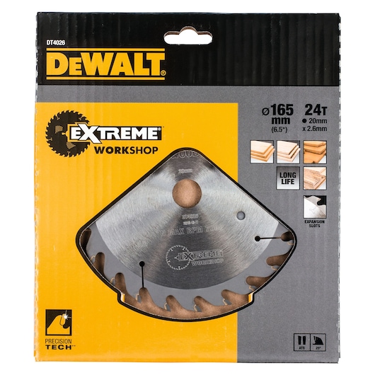 DEWALT DT4026 Extreme Workshop circular saw blade, 165mm, 24 teeth, in yellow and black packaging.