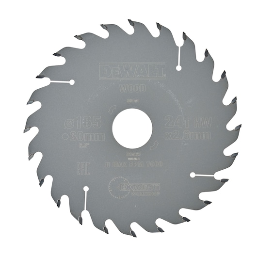 DEWALT DT4027 circular saw blade for wood, 165mm diameter, 24 teeth, 30mm bore, silver color.