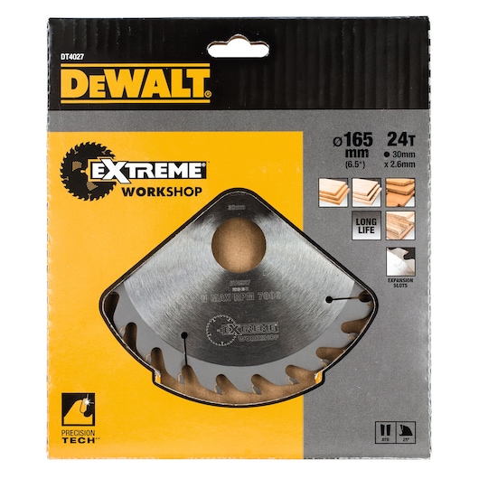 DEWALT DT4027 Extreme Workshop 165mm 24T saw blade in packaging for wood cutting.