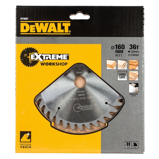 DEWALT DT4057 Extreme Workshop 160mm saw blade in retail packaging for woodworking and precision cutting.