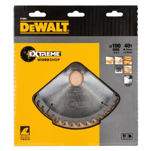 DEWALT DT4064 190mm 40T saw blade for wood, shown in workshop packaging with specifications.