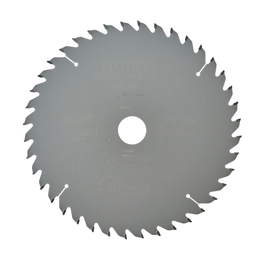 DEWALT DT4067 circular saw blade for woodworking, featuring 40 sharp teeth and a central mounting hole.