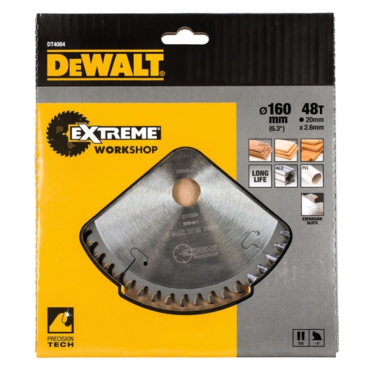 DEWALT DT4084 160mm circular saw blade in packaging, suitable for wood, PVC, with 48 teeth for workshop use.