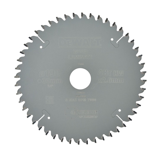 DEWALT DT4094 circular saw blade for wood and laminate, 190mm diameter, 48 teeth, silver color.