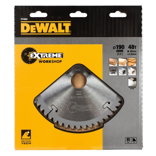 DEWALT Extreme Workshop 190mm 48T saw blade in retail packaging, suitable for wood and PVC cutting.