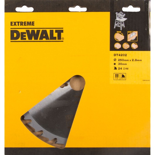 DEWALT DT4202 250mm saw blade for wood, 24 teeth, pictured in yellow and black packaging.