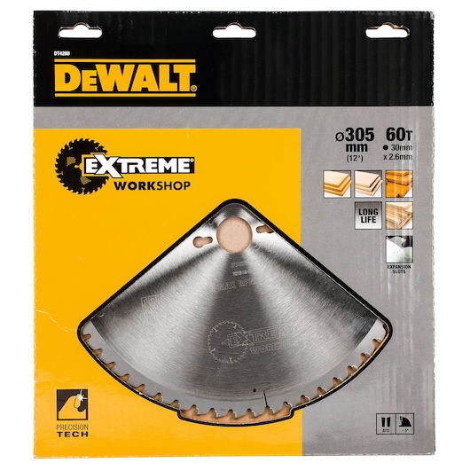 DEWALT Extreme Workshop circular saw blade in its retail packaging. The packaging is yellow and black and features details such as 305mm diameter, 60 teeth, 30mm bore, and 2.6mm thickness. Suitable for wood cutting with long life and precision tech highlighted.