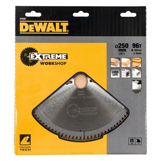DEWALT DT4282 Extreme Workshop circular saw blade in its retail packaging, showing specifications such as 250 mm diameter, 96 teeth, 30 mm x 3 mm size, suitable for wood, aluminum, and PVC, with features including long life and expansion slots.